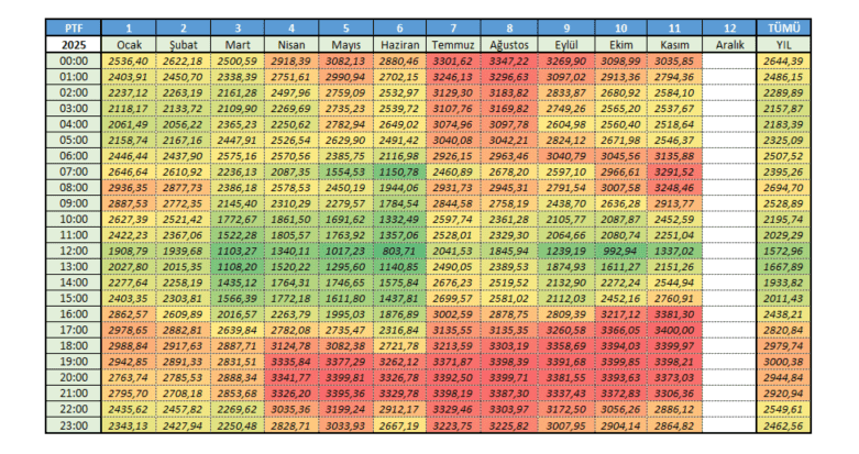 2025 Saatlik Piyasa Takas Fiyatları Kasım