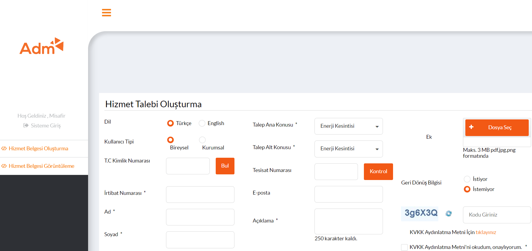 adm elektrik hizmet talebi oluşturma