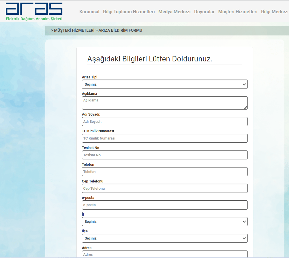 aras arıza bildirim formu