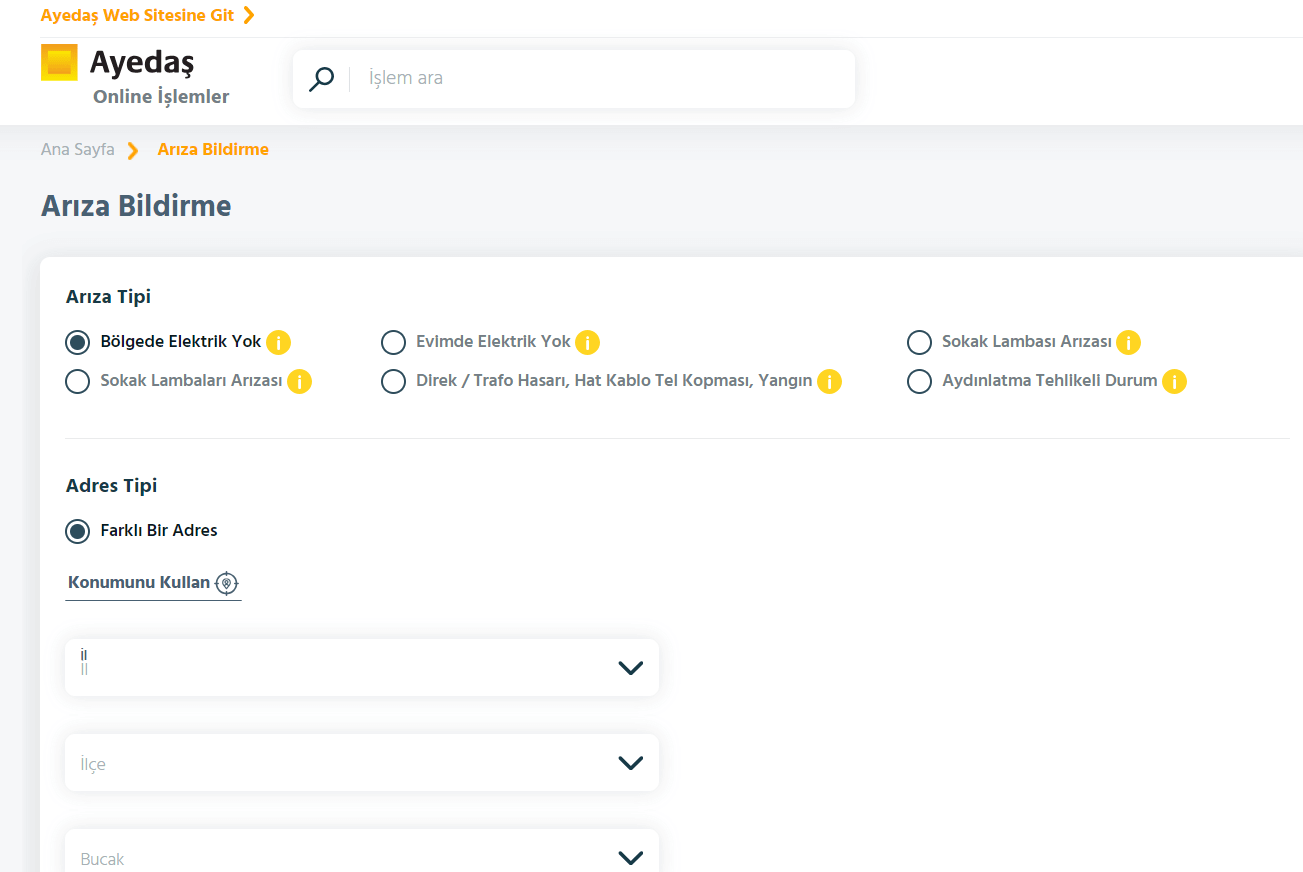 ayedaş arıza bildir