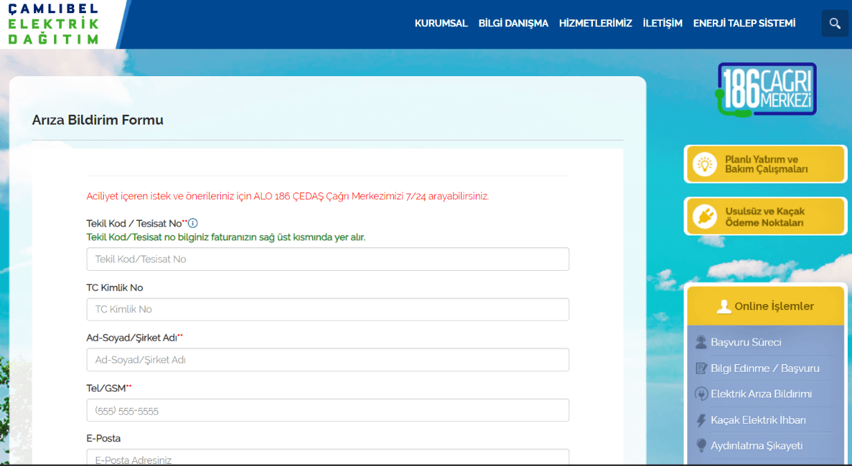 çamlıbel arıza bildirim formu