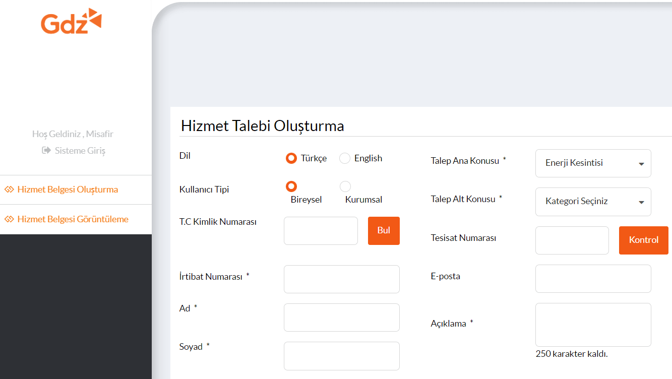 gediz hizmet talebi oluşturma